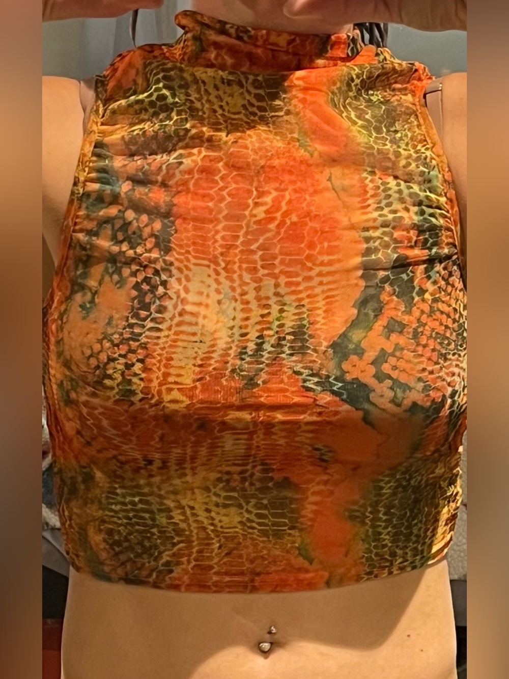 PrettyLittleThing Orange Snake-Print mesh high neck crop top NWT